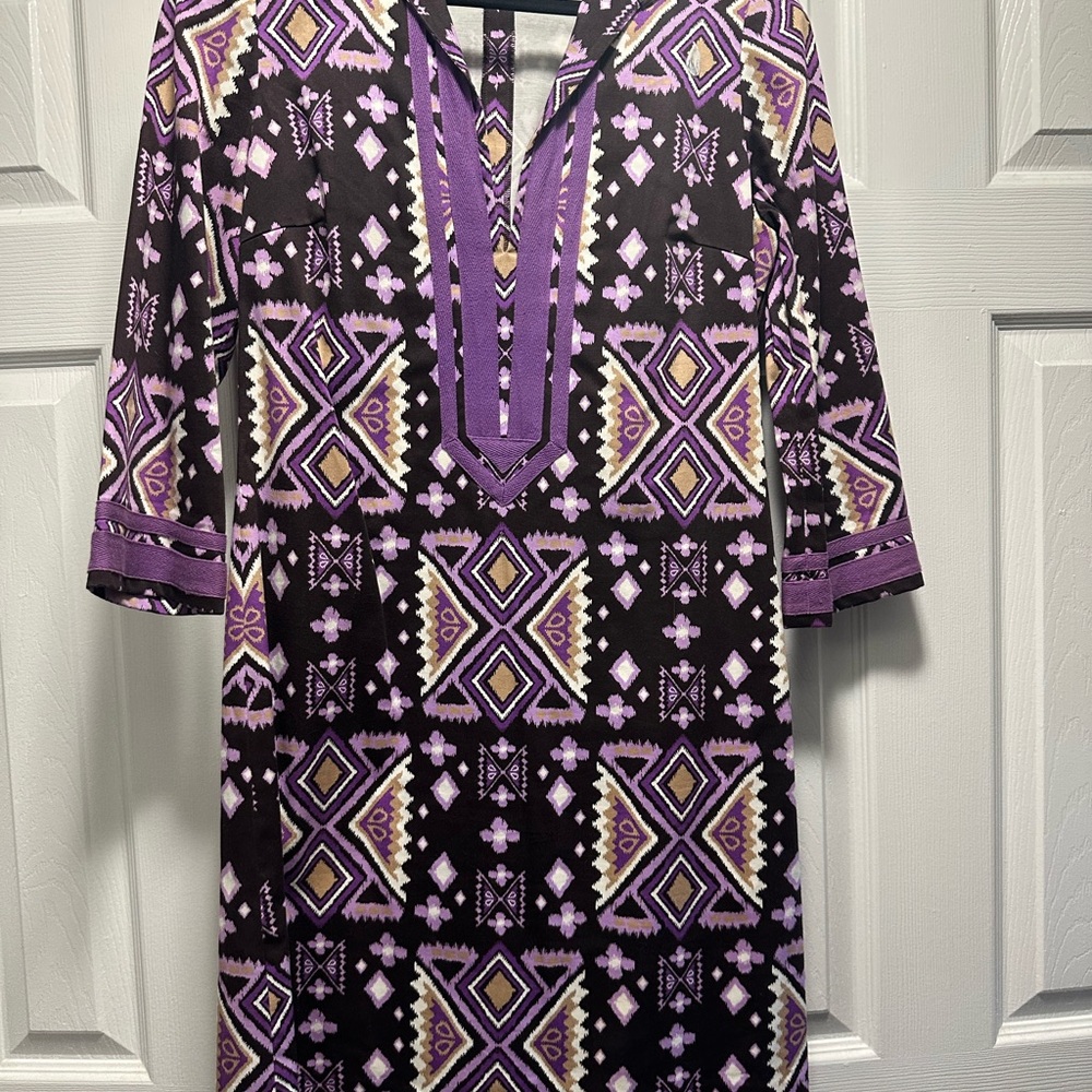 Tory Burch Purple Black Sheath Dress V-Neck 3/4 Sleeve